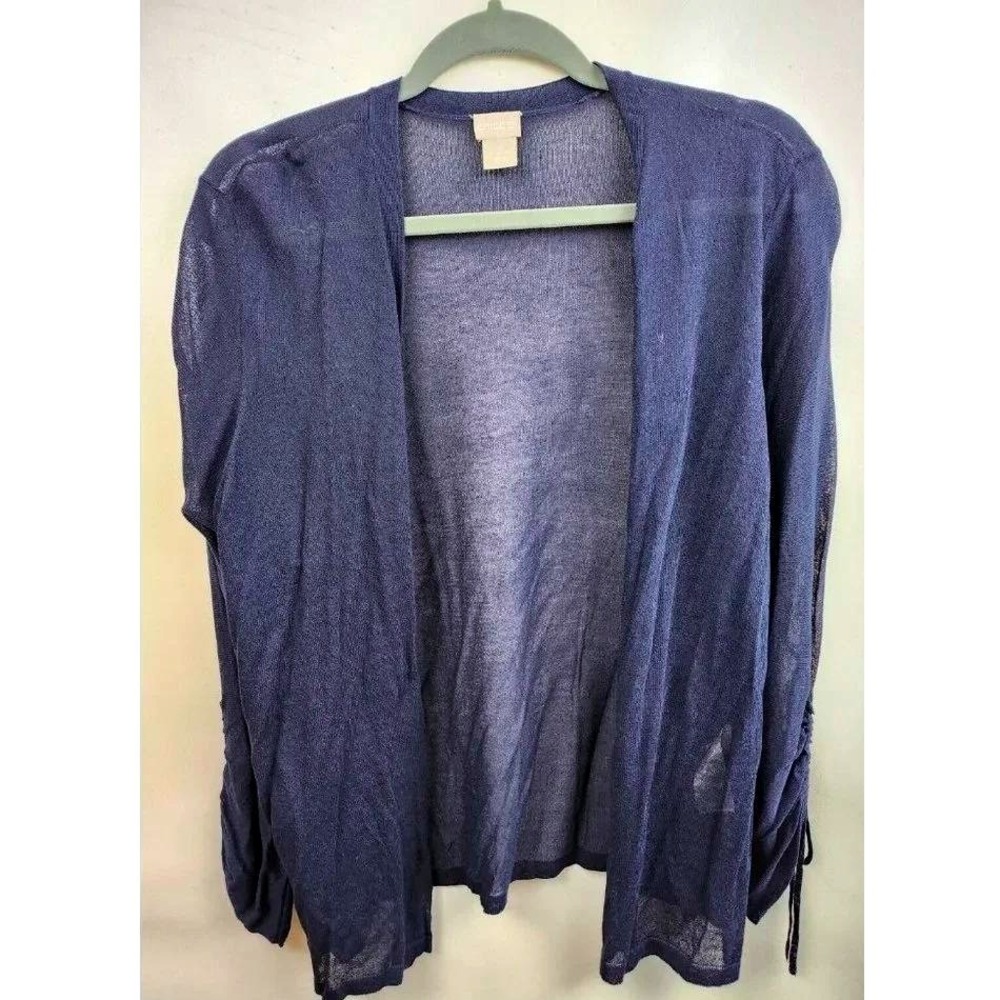 Chicos Cardigan Sweater Womens XL Blue Ruched Sleeve Open Long Sleeve